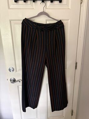 High-Rise Navy Wide-Leg Pants with Rust Pinstripes